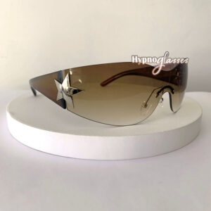Stardom brown wraparound rimless sunglasses with star frame